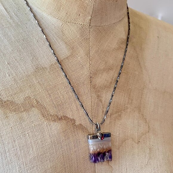 Amethyst Pendant, Amethyst Slice, Sterling Silver, Tourmaline,  Necklace, Chain - Picture 5 of 7